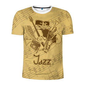 Мужская футболка 3D спортивная с принтом Jazz в Петрозаводске, 100% полиэстер с улучшенными характеристиками | приталенный силуэт, круглая горловина, широкие плечи, сужается к линии бедра | Тематика изображения на принте: brown | cello | drum | guitar | instrument | jazz | musical | retro | saxophone | sheet music | trumpet | vintage | yellow | барабан | винтаж | виолончель | гитара | джаз | желтый | инструмент | коричневый | музыка | музыкальный | ноты | ретро | сак