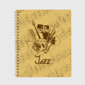 Тетрадь с принтом Jazz в Петрозаводске, 100% бумага | 48 листов, плотность листов — 60 г/м2, плотность картонной обложки — 250 г/м2. Листы скреплены сбоку удобной пружинной спиралью. Уголки страниц и обложки скругленные. Цвет линий — светло-серый
 | brown | cello | drum | guitar | instrument | jazz | musical | retro | saxophone | sheet music | trumpet | vintage | yellow | барабан | винтаж | виолончель | гитара | джаз | желтый | инструмент | коричневый | музыка | музыкальный | ноты | ретро | сак