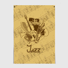Постер с принтом Jazz в Петрозаводске, 100% бумага
 | бумага, плотность 150 мг. Матовая, но за счет высокого коэффициента гладкости имеет небольшой блеск и дает на свету блики, но в отличии от глянцевой бумаги не покрыта лаком | brown | cello | drum | guitar | instrument | jazz | musical | retro | saxophone | sheet music | trumpet | vintage | yellow | барабан | винтаж | виолончель | гитара | джаз | желтый | инструмент | коричневый | музыка | музыкальный | ноты | ретро | сак