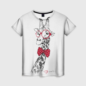 Женская футболка 3D с принтом Жираф в Петрозаводске, 100% полиэфир ( синтетическое хлопкоподобное полотно) | прямой крой, круглый вырез горловины, длина до линии бедер | animal | bow tie | cool | giraffe | gray | red | white | белый | галстук  бабочка | животное | жираф | красный | очки | прикольный | серый