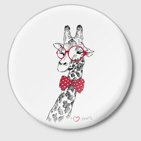 Значок с принтом Жираф в Петрозаводске,  металл | круглая форма, металлическая застежка в виде булавки | animal | bow tie | cool | giraffe | gray | red | white | белый | галстук  бабочка | животное | жираф | красный | очки | прикольный | серый