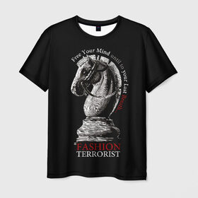 Мужская футболка 3D с принтом A Fashion Terrorist в Петрозаводске, 100% полиэфир | прямой крой, круглый вырез горловины, длина до линии бедер | black | chess | cool | figure | horse | red | slogan | style | white | белый | конь | красный | лошадь | прикольный | слоган | стиль | фигура | черный | шахматы