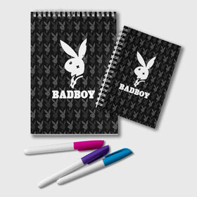 Блокнот с принтом Bad boy в Петрозаводске, 100% бумага | 48 листов, плотность листов — 60 г/м2, плотность картонной обложки — 250 г/м2. Листы скреплены удобной пружинной спиралью. Цвет линий — светло-серый
 | bad boy | bite | bow tie | broken | cool | ear | fighter | logo | man | playboy | rabbit | sign | symbol | white | белый | битый | боец | галстук бабочка | знак | кролик | логотип | любовь | мальчик | мужчина | откушенное | прикольный | сим