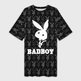 Платье-футболка 3D с принтом Bad boy в Петрозаводске,  |  | bad boy | bite | bow tie | broken | cool | ear | fighter | logo | man | playboy | rabbit | sign | symbol | white | белый | битый | боец | галстук бабочка | знак | кролик | логотип | любовь | мальчик | мужчина | откушенное | прикольный | сим