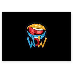 Поздравительная открытка с принтом Wow в Петрозаводске, 100% бумага | плотность бумаги 280 г/м2, матовая, на обратной стороне линовка и место для марки
 | Тематика изображения на принте: blue | dots | lips | pop art | red | teeth | tongue | white | yellow | белый | губы | желтый | зубы | красный | поп  арт | точки | язык