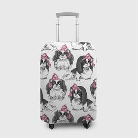 Чехол для чемодана 3D с принтом Японские хины в Петрозаводске, 86% полиэфир, 14% спандекс | двустороннее нанесение принта, прорези для ручек и колес | animal | bow | cute | dog | funny | gentle | gray | heart | muzzle | pink | white | бант | белый | животное | забавный | милый | нежный | розовый | сердце | серый | собака
