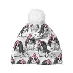 Шапка 3D c помпоном с принтом Японские хины в Петрозаводске, 100% полиэстер | универсальный размер, печать по всей поверхности изделия | animal | bow | cute | dog | funny | gentle | gray | heart | muzzle | pink | white | бант | белый | животное | забавный | милый | нежный | розовый | сердце | серый | собака