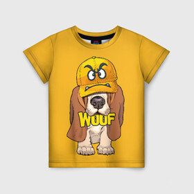 Детская футболка 3D с принтом Woof в Петрозаводске, 100% гипоаллергенный полиэфир | прямой крой, круглый вырез горловины, длина до линии бедер, чуть спущенное плечо, ткань немного тянется | Тематика изображения на принте: animal | cap | dog | funny | slogan | text | yellow | бассет хаунд | желтый | животное | забавный | кепка | прикольный | слоган | смешной | собака | текст