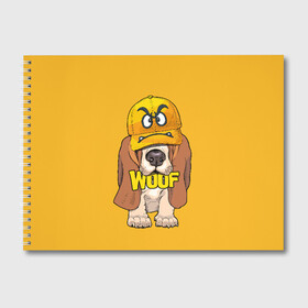 Альбом для рисования с принтом Woof в Петрозаводске, 100% бумага
 | матовая бумага, плотность 200 мг. | animal | cap | dog | funny | slogan | text | yellow | бассет хаунд | желтый | животное | забавный | кепка | прикольный | слоган | смешной | собака | текст
