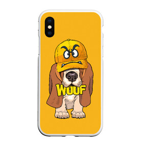 Чехол для iPhone XS Max матовый с принтом Woof в Петрозаводске, Силикон | Область печати: задняя сторона чехла, без боковых панелей | animal | cap | dog | funny | slogan | text | yellow | бассет хаунд | желтый | животное | забавный | кепка | прикольный | слоган | смешной | собака | текст