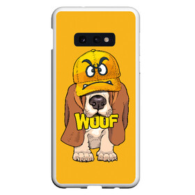 Чехол для Samsung S10E с принтом Woof в Петрозаводске, Силикон | Область печати: задняя сторона чехла, без боковых панелей | animal | cap | dog | funny | slogan | text | yellow | бассет хаунд | желтый | животное | забавный | кепка | прикольный | слоган | смешной | собака | текст