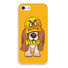 Чехол для iPhone 5/5S матовый с принтом Woof в Петрозаводске, Силикон | Область печати: задняя сторона чехла, без боковых панелей | animal | cap | dog | funny | slogan | text | yellow | бассет хаунд | желтый | животное | забавный | кепка | прикольный | слоган | смешной | собака | текст