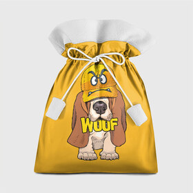 Подарочный 3D мешок с принтом Woof в Петрозаводске, 100% полиэстер | Размер: 29*39 см | animal | cap | dog | funny | slogan | text | yellow | бассет хаунд | желтый | животное | забавный | кепка | прикольный | слоган | смешной | собака | текст