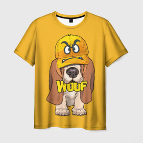 Мужская футболка 3D с принтом Woof в Петрозаводске, 100% полиэфир | прямой крой, круглый вырез горловины, длина до линии бедер | animal | cap | dog | funny | slogan | text | yellow | бассет хаунд | желтый | животное | забавный | кепка | прикольный | слоган | смешной | собака | текст
