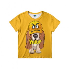 Детская футболка 3D с принтом Woof в Петрозаводске, 100% гипоаллергенный полиэфир | прямой крой, круглый вырез горловины, длина до линии бедер, чуть спущенное плечо, ткань немного тянется | animal | cap | dog | funny | slogan | text | yellow | бассет хаунд | желтый | животное | забавный | кепка | прикольный | слоган | смешной | собака | текст