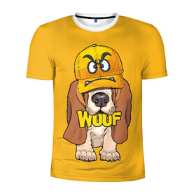 Мужская футболка 3D спортивная с принтом Woof в Петрозаводске, 100% полиэстер с улучшенными характеристиками | приталенный силуэт, круглая горловина, широкие плечи, сужается к линии бедра | animal | cap | dog | funny | slogan | text | yellow | бассет хаунд | желтый | животное | забавный | кепка | прикольный | слоган | смешной | собака | текст