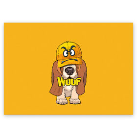 Поздравительная открытка с принтом Woof в Петрозаводске, 100% бумага | плотность бумаги 280 г/м2, матовая, на обратной стороне линовка и место для марки
 | Тематика изображения на принте: animal | cap | dog | funny | slogan | text | yellow | бассет хаунд | желтый | животное | забавный | кепка | прикольный | слоган | смешной | собака | текст
