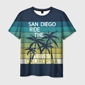 Мужская футболка 3D с принтом California в Петрозаводске, 100% полиэфир | прямой крой, круглый вырез горловины, длина до линии бедер | california | cool | palm trees | san diego | stripes | travel | калифорния | пальмы | полосы | прикольный | путешествие | сан диего
