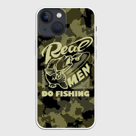 Чехол для iPhone 13 mini с принтом Real men do fishing в Петрозаводске,  |  | bait | black | fish | fisherman | fishing | hook | man | white | белый | занимается | камуфляж | крючок | мужчина | наживка | настоящий | реальный | рыба | рыбак | рыбалка | черный