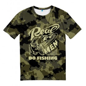 Мужская футболка 3D с принтом Real men do fishing в Петрозаводске, 100% полиэфир | прямой крой, круглый вырез горловины, длина до линии бедер | bait | black | fish | fisherman | fishing | hook | man | white | белый | занимается | камуфляж | крючок | мужчина | наживка | настоящий | реальный | рыба | рыбак | рыбалка | черный
