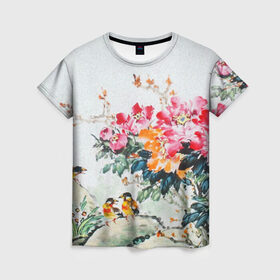 Женская футболка 3D с принтом Японские цветы в Петрозаводске, 100% полиэфир ( синтетическое хлопкоподобное полотно) | прямой крой, круглый вырез горловины, длина до линии бедер | japan | japanese | искусство | картина | цветы | япония | японская гравюра | японская картина