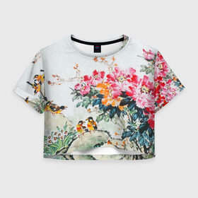 Женская футболка Cropp-top с принтом Японские цветы в Петрозаводске, 100% полиэстер | круглая горловина, длина футболки до линии талии, рукава с отворотами | japan | japanese | искусство | картина | цветы | япония | японская гравюра | японская картина