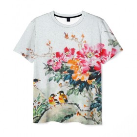 Мужская футболка 3D с принтом Японские цветы в Петрозаводске, 100% полиэфир | прямой крой, круглый вырез горловины, длина до линии бедер | japan | japanese | искусство | картина | цветы | япония | японская гравюра | японская картина