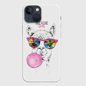 Чехол для iPhone 13 mini с принтом Because cool в Петрозаводске,  |  | alpaca | animal | chewing | cool | funny | gum | head | llama | muzzle | puffed up | rainbow | альпака | голова | жевательная | животное | забавный | лама | надутая | очки | прикольный | радужные | резинка | смешная