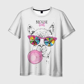Мужская футболка 3D с принтом Because cool в Петрозаводске, 100% полиэфир | прямой крой, круглый вырез горловины, длина до линии бедер | alpaca | animal | chewing | cool | funny | gum | head | llama | muzzle | puffed up | rainbow | альпака | голова | жевательная | животное | забавный | лама | надутая | очки | прикольный | радужные | резинка | смешная