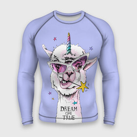 Мужской рашгард 3D с принтом Dream come true в Петрозаводске,  |  | alpaca | animal | carnival | dream came true | funny | horn | llama | rainbow | slogan | star | unicorn | альпака | единорог | животное | звезда | карнавал | лама | мечта сбылась | очки | прикольный | радуга | рог | слоган