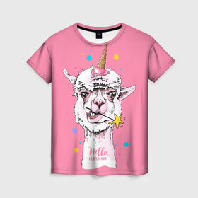 Женская футболка 3D с принтом Hello llamacorn в Петрозаводске, 100% полиэфир ( синтетическое хлопкоподобное полотно) | прямой крой, круглый вырез горловины, длина до линии бедер | alpaca | animal | carnival | cool | cup | head | horn | ice cream | llama | look | pink | slogan | star | unicorn | waffle | альпака | вафельный | взгляд | голова | единорог | животное | звезда | карнавал | лама | мороженое | привет | прикольный | р