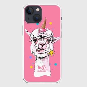 Чехол для iPhone 13 mini с принтом Hello llamacorn в Петрозаводске,  |  | alpaca | animal | carnival | cool | cup | head | horn | ice cream | llama | look | pink | slogan | star | unicorn | waffle | альпака | вафельный | взгляд | голова | единорог | животное | звезда | карнавал | лама | мороженое | привет | прикольный | р