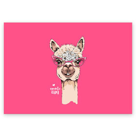 Поздравительная открытка с принтом Romantic llama в Петрозаводске, 100% бумага | плотность бумаги 280 г/м2, матовая, на обратной стороне линовка и место для марки
 | alpaca | animal | cool | flowers | head | heart | inscription | llama | look | pink | romance | альпака | взгляд | голова | животное | лама | любовь | надпись | очки | прикольный | розовые | романтика | сердце | цветы