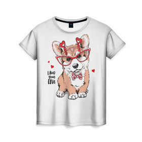 Женская футболка 3D с принтом I need your love в Петрозаводске, 100% полиэфир ( синтетическое хлопкоподобное полотно) | прямой крой, круглый вырез горловины, длина до линии бедер | animal | bow | bow tie | breed | cute | dog | funny | hearts | i need your love | polka dot | puppy | red | the inscription | white | бант | белый | вельш корги пемброк | галстук бабочка | горошек | животное | забавный | красный | любовь | милый | м