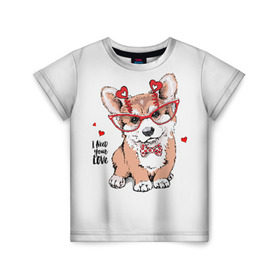 Детская футболка 3D с принтом I need your love в Петрозаводске, 100% гипоаллергенный полиэфир | прямой крой, круглый вырез горловины, длина до линии бедер, чуть спущенное плечо, ткань немного тянется | animal | bow | bow tie | breed | cute | dog | funny | hearts | i need your love | polka dot | puppy | red | the inscription | white | бант | белый | вельш корги пемброк | галстук бабочка | горошек | животное | забавный | красный | любовь | милый | м