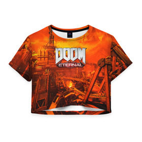 Женская футболка Cropp-top с принтом DOOM ETERNAL в Петрозаводске, 100% полиэстер | круглая горловина, длина футболки до линии талии, рукава с отворотами | 