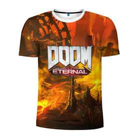 Мужская футболка 3D спортивная с принтом DOOM ETERNAL в Петрозаводске, 100% полиэстер с улучшенными характеристиками | приталенный силуэт, круглая горловина, широкие плечи, сужается к линии бедра | Тематика изображения на принте: doom | doom eternal | game | дум