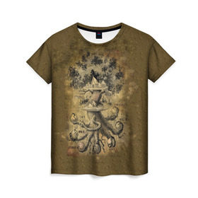 Женская футболка 3D с принтом Дерево жизни в Петрозаводске, 100% полиэфир ( синтетическое хлопкоподобное полотно) | прямой крой, круглый вырез горловины, длина до линии бедер | Тематика изображения на принте: 3d | 9 миров | абстракция | арт | дерево жизни | индраксиль | песочный