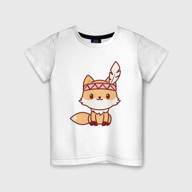 Детская футболка хлопок с принтом Лисенок индеец в Петрозаводске, 100% хлопок | круглый вырез горловины, полуприлегающий силуэт, длина до линии бедер | Тематика изображения на принте: fox | лис | лиса | лисенок | лисица | милая | пушистик | рыжая