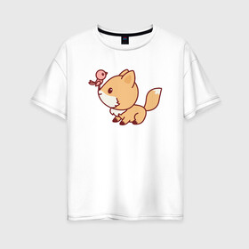 Женская футболка хлопок Oversize с принтом Лисенок с птичкой на носу в Петрозаводске, 100% хлопок | свободный крой, круглый ворот, спущенный рукав, длина до линии бедер
 | fox | лис | лиса | лисенок | лисица | милая | пушистик | рыжая