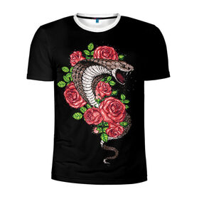 Мужская футболка 3D спортивная с принтом Кобра в Петрозаводске, 100% полиэстер с улучшенными характеристиками | приталенный силуэт, круглая горловина, широкие плечи, сужается к линии бедра | Тематика изображения на принте: amphibian | animal | cobra | fangs | poison | red | roses | scales | snake | животное | земноводное | змея | клыки | кобра | красные | розы | чешуя | яд