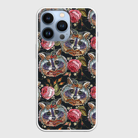 Чехол для iPhone 13 Pro с принтом Еноты в Петрозаводске,  |  | animals | art | drawing | embroidery | flower | raccoons | rose | touches | wild | вышивка | дикие | еноты | животные | звери | искусство | рисунок | роза | цветок | штрихи