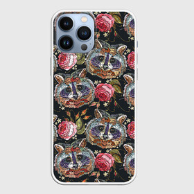 Чехол для iPhone 13 Pro Max с принтом Еноты в Петрозаводске,  |  | animals | art | drawing | embroidery | flower | raccoons | rose | touches | wild | вышивка | дикие | еноты | животные | звери | искусство | рисунок | роза | цветок | штрихи