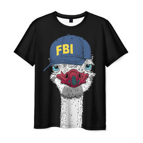 Мужская футболка 3D с принтом FBI в Петрозаводске, 100% полиэфир | прямой крой, круглый вырез горловины, длина до линии бедер | beak | bird | blue | cap | fbi | funny | head | inscription | long | neck | ostrich | red | весёлый | голова | длинная | кепка | клюв | красный | надпись | птица | синяя | смешной | страус | фбр | шея