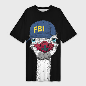 Платье-футболка 3D с принтом FBI в Петрозаводске,  |  | beak | bird | blue | cap | fbi | funny | head | inscription | long | neck | ostrich | red | весёлый | голова | длинная | кепка | клюв | красный | надпись | птица | синяя | смешной | страус | фбр | шея