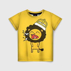 Детская футболка 3D с принтом Лев в Петрозаводске, 100% гипоаллергенный полиэфир | прямой крой, круглый вырез горловины, длина до линии бедер, чуть спущенное плечо, ткань немного тянется | animal | beast | childish | crown | drawing | funny | king | lion | mane | screaming | yellow | грива | детский | желтый | животное | зверь | корона | кричит | лев | рисунок | смешной | царь