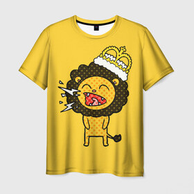 Мужская футболка 3D с принтом Лев в Петрозаводске, 100% полиэфир | прямой крой, круглый вырез горловины, длина до линии бедер | Тематика изображения на принте: animal | beast | childish | crown | drawing | funny | king | lion | mane | screaming | yellow | грива | детский | желтый | животное | зверь | корона | кричит | лев | рисунок | смешной | царь