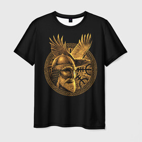 Мужская футболка 3D с принтом Один в Петрозаводске, 100% полиэфир | прямой крой, круглый вырез горловины, длина до линии бедер | beard | celtic | emblem | face | golden | helmet | myth | one | ornament | raven | runes | sword | viking | warrior | борода | викинг | воин | ворон | золотой | кельтский | лицо | меч | миф | один | орнамент | руны | шлем | эмблема