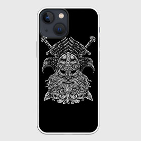 Чехол для iPhone 13 mini с принтом Один в Петрозаводске,  |  | beard | character | emblem | face | helmet | mythical | one | sword | viking | warrior | борода | викинг | воин | лицо | меч | мифический | один | персонаж | шлем | эмблема