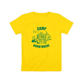 Детская футболка хлопок с принтом CAMP KNOW WHERE в Петрозаводске, 100% хлопок | круглый вырез горловины, полуприлегающий силуэт, длина до линии бедер | 80 е | 85 | camp know where | camp nowhere | dustin | netflix | stranger things | дастин | кепка дастина | нетфликс | очень странные дела